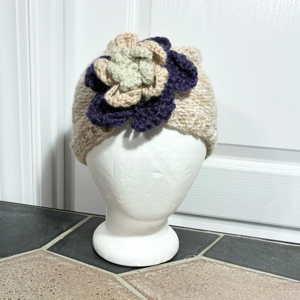 Crochet Flower Accent Hand Knit Beanie Oatmeal Purple Sage